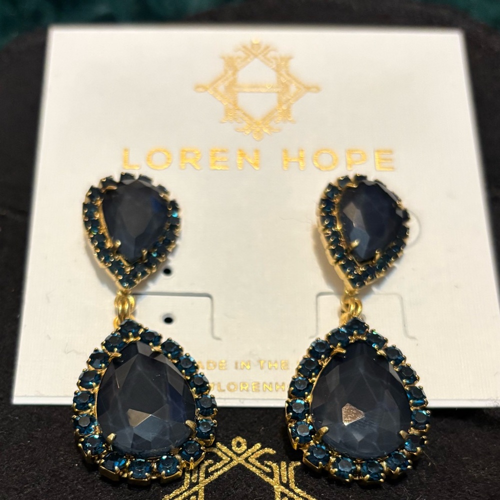 Loren Hope Elegant Blue Stone Gold Drop Costume Post Earrings NWT
